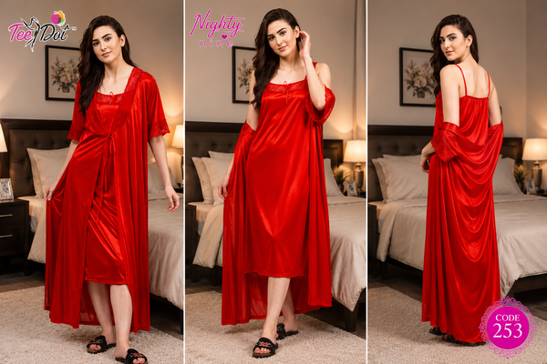 2Pcs Bridal Nighty Set – Premium Long Satin Nightwear with Robe & Slip