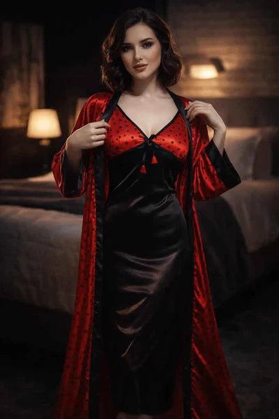 Imported Red & Black Full Length Silk Nighty with Long Robe – 2 Piece Luxury Gown Inner Polka Dot Nightwear Set for Women