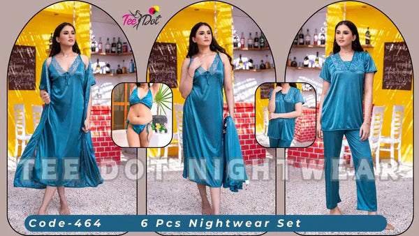 Imported 6 Pcs Bridal Nightwear Set – Premium Satin Sleepwear with Long Gown, Nighty, Robe, Pajama, Top & Lingerie – Code 464