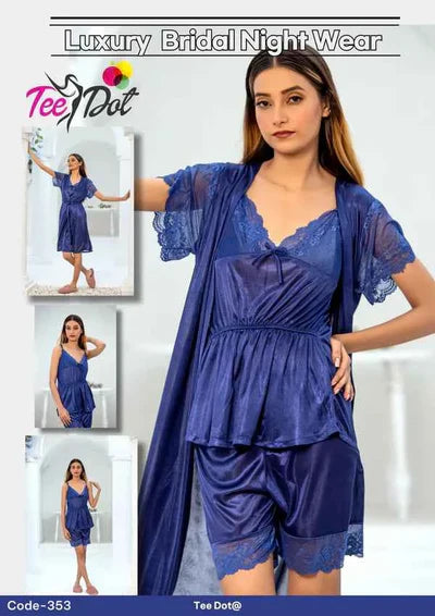 Elegant Women’s Bridal Nightwear – 3 Piece Satin Night Dress Set | code – 353