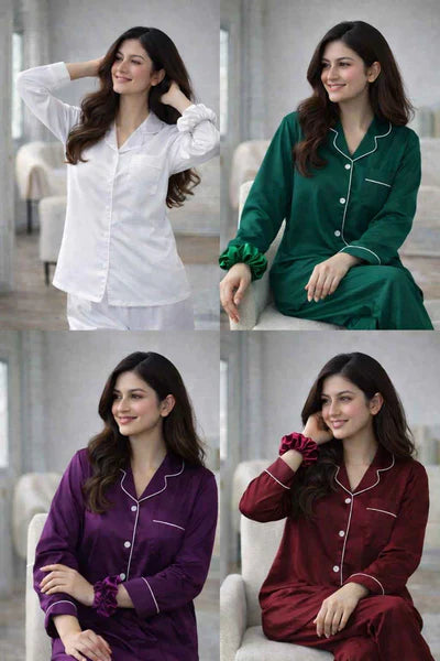 Women’s Luxury Long Sleeve Silk Satin Pajama Set with Matching Scrunchies - Soft Button Down Nightwear & Loungewear Nighty Nine