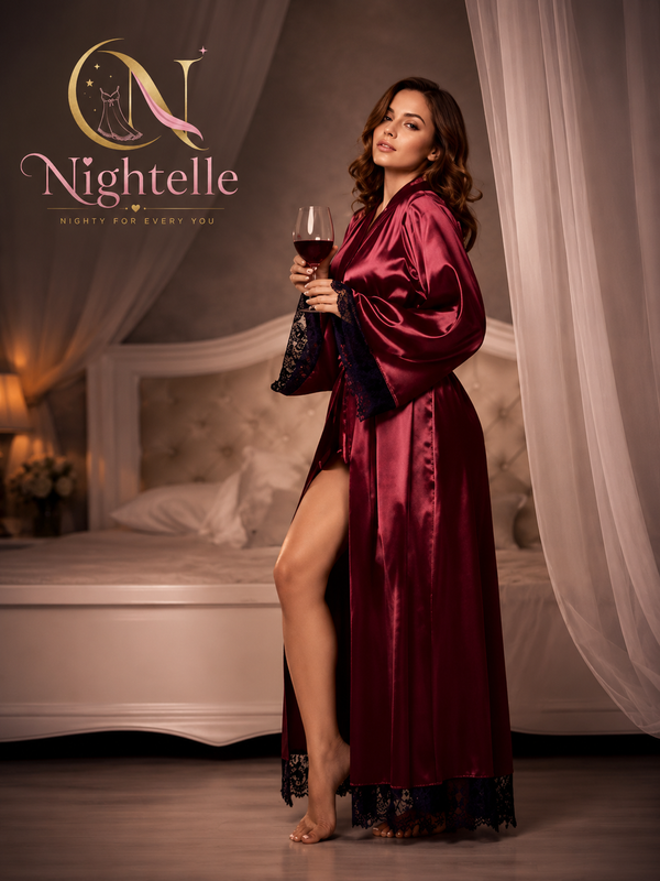 2Pcs Imported Women's Luxury Satin Robe with Bikini Lingerie Set – Full-Length Kimono Nightwear with Lace Trim | Red & Black